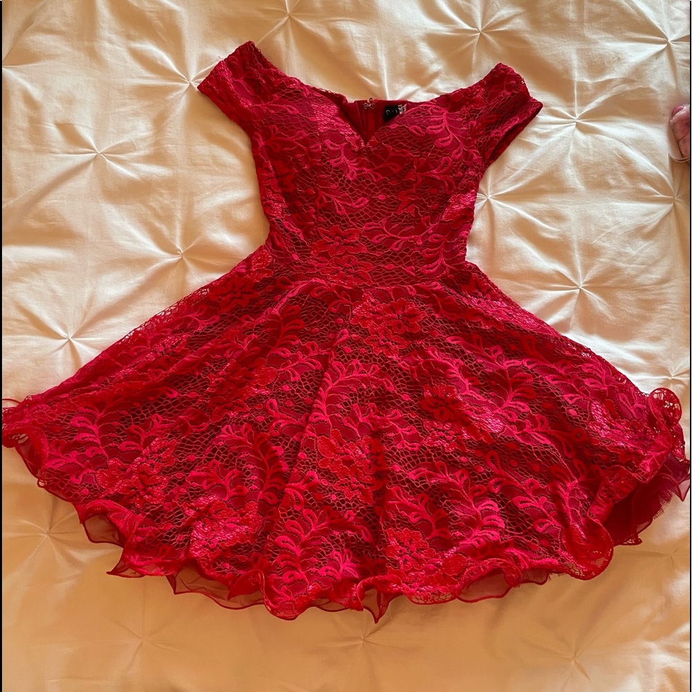 Red lace off the shoulder prom/homecoming dress